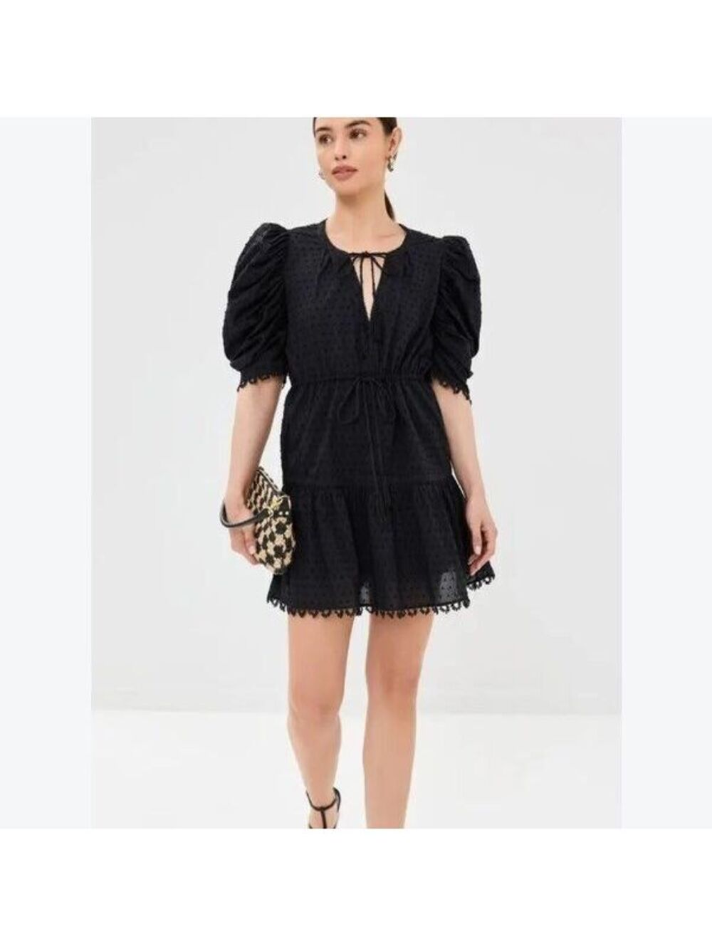 Farm Rio Voile Garden Black Puff Sleeve Mini Dress Beaded Tassels Vacation Dress